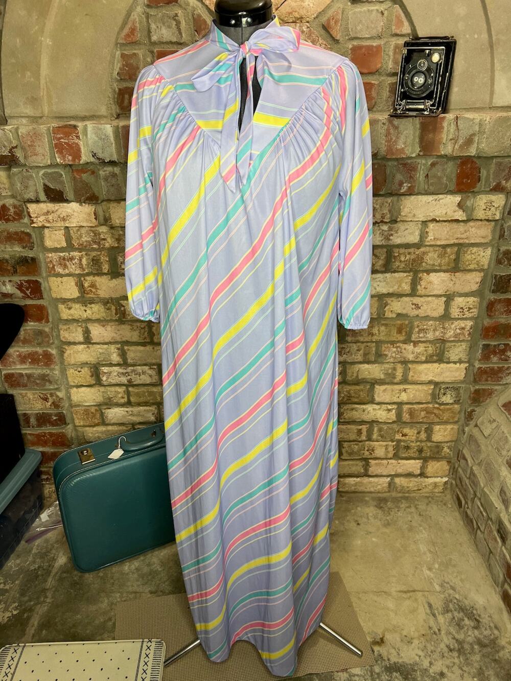 nap dress kitten bow long sleeve purple blue yellow diagonal stripe